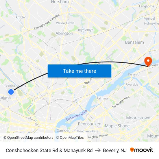 Conshohocken State Rd & Manayunk Rd to Beverly, NJ map