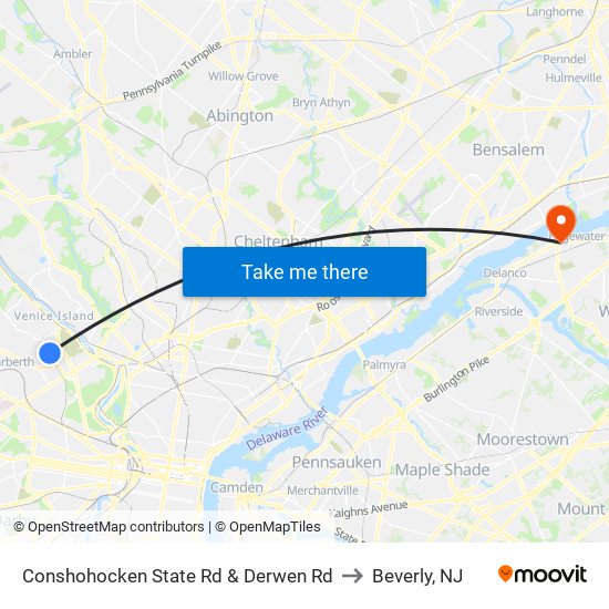 Conshohocken State Rd & Derwen Rd to Beverly, NJ map