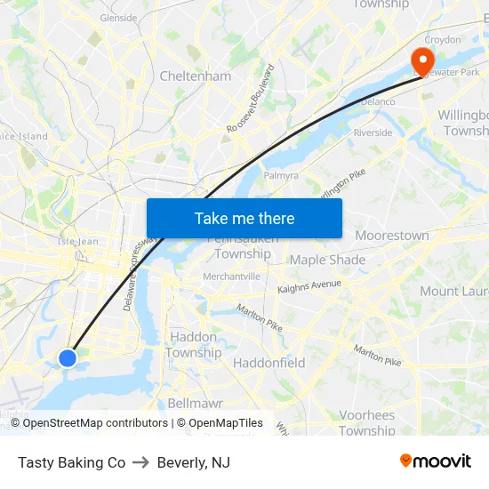 Tasty Baking Co to Beverly, NJ map