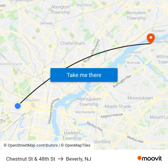 Chestnut St & 48th St to Beverly, NJ map