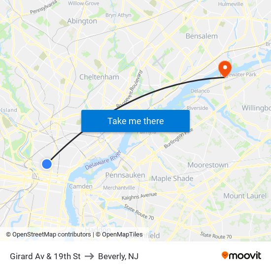 Girard Av & 19th St to Beverly, NJ map