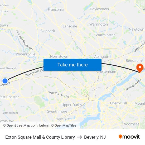 Exton Square Mall & County Library to Beverly, NJ map