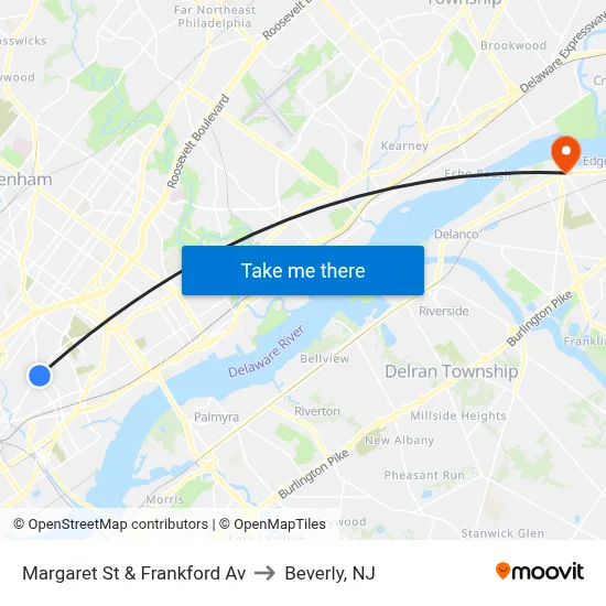 Margaret St & Frankford Av to Beverly, NJ map