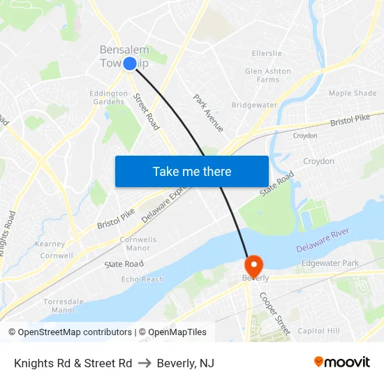 Knights Rd & Street Rd to Beverly, NJ map