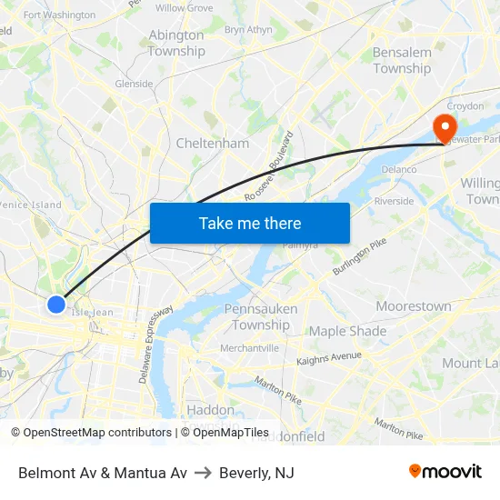 Belmont Av & Mantua Av to Beverly, NJ map