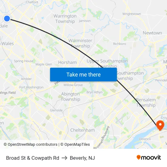 Broad St & Cowpath Rd to Beverly, NJ map