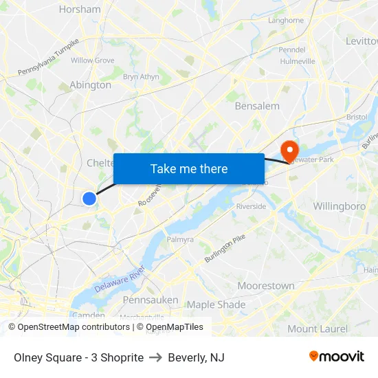 Olney Square - 3 Shoprite to Beverly, NJ map