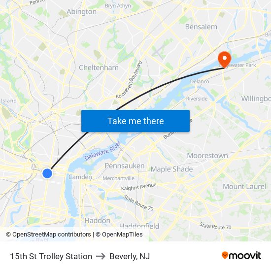 15th St Trolley Station to Beverly, NJ map