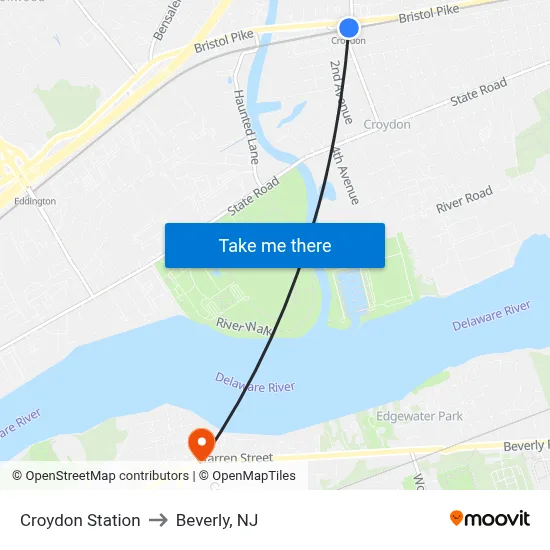 Croydon Station to Beverly, NJ map