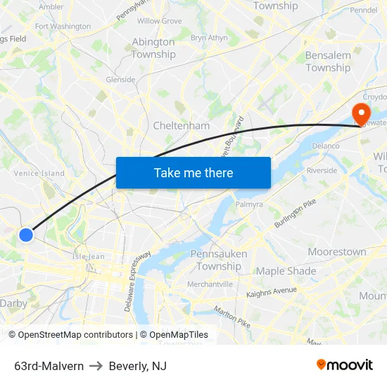 63rd-Malvern to Beverly, NJ map