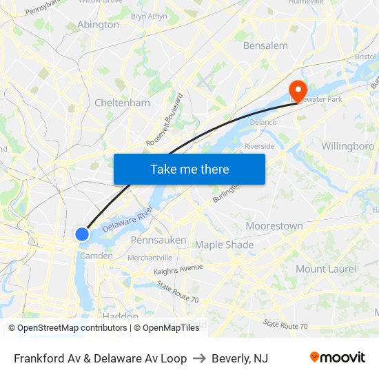 Frankford Av & Delaware Av Loop to Beverly, NJ map
