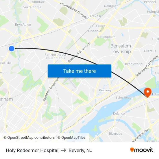 Holy Redeemer Hospital to Beverly, NJ map