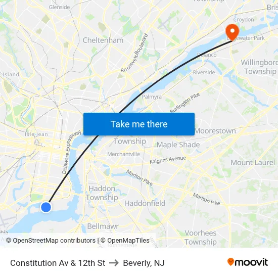 Constitution Av & 12th St to Beverly, NJ map