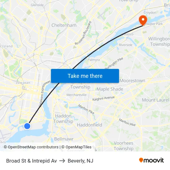 Broad St & Intrepid Av to Beverly, NJ map