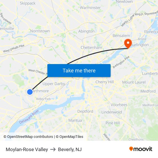 Moylan-Rose Valley to Beverly, NJ map