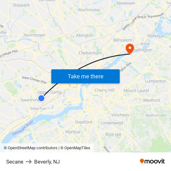 Secane to Beverly, NJ map