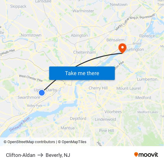 Clifton-Aldan to Beverly, NJ map