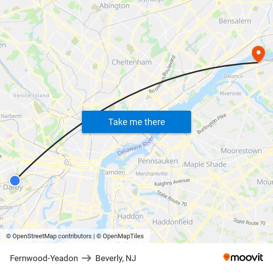 Fernwood-Yeadon to Beverly, NJ map