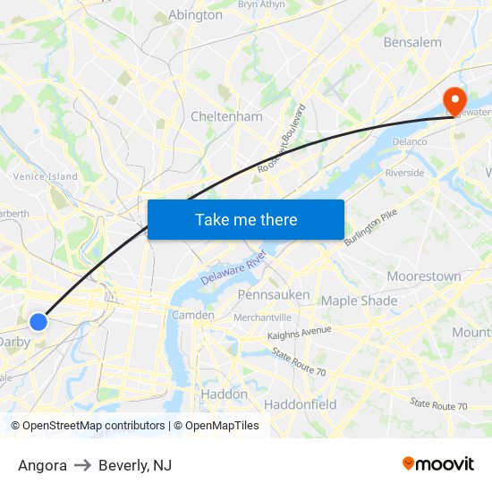 Angora to Beverly, NJ map