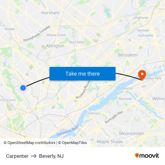 Carpenter to Beverly, NJ map
