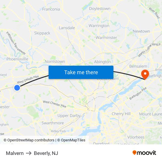 Malvern to Beverly, NJ map