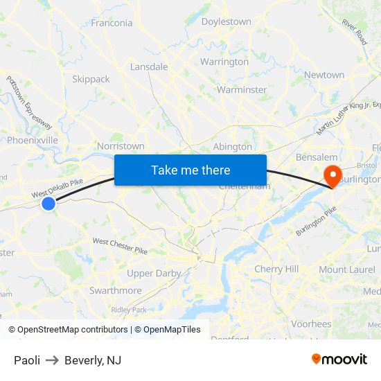 Paoli to Beverly, NJ map