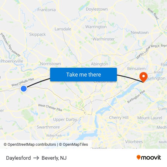 Daylesford to Beverly, NJ map