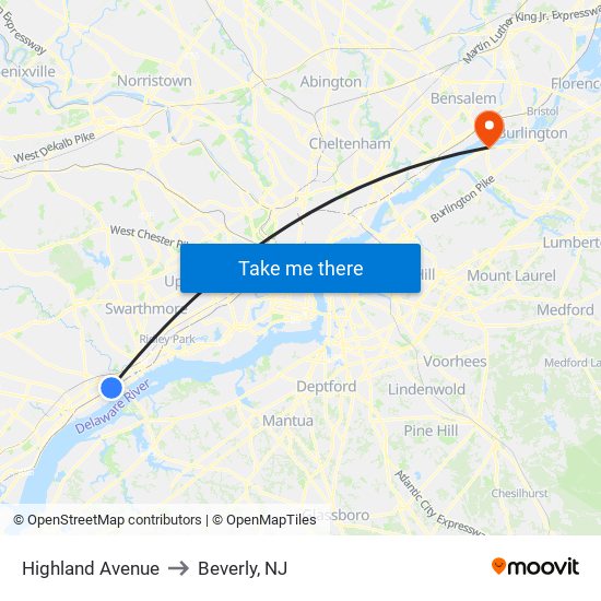 Highland Avenue to Beverly, NJ map