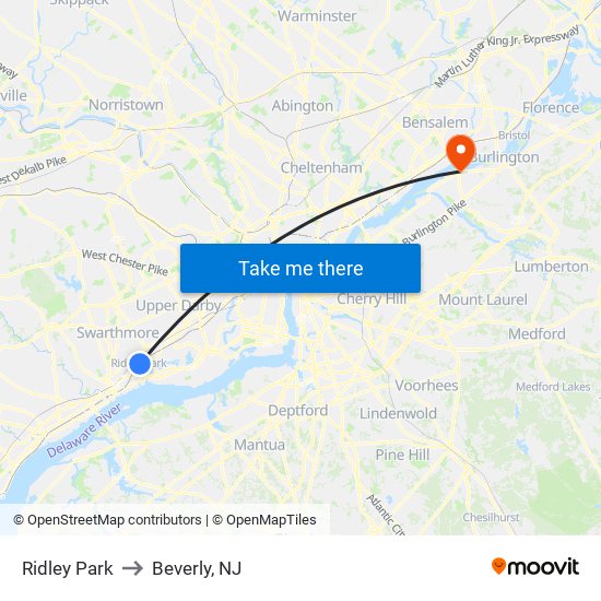 Ridley Park to Beverly, NJ map