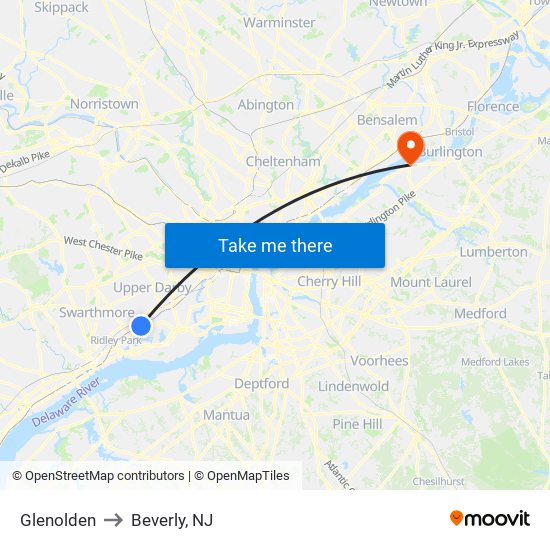 Glenolden to Beverly, NJ map