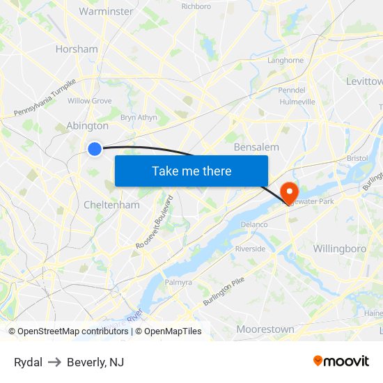 Rydal to Beverly, NJ map
