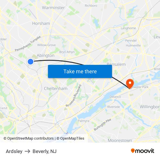 Ardsley to Beverly, NJ map