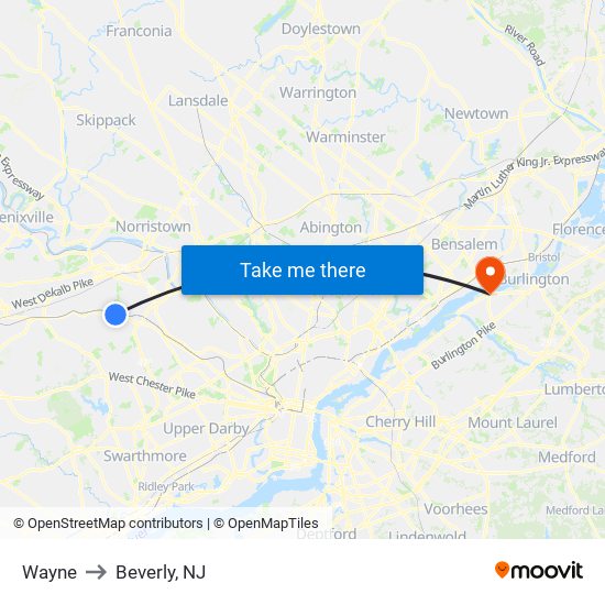 Wayne to Beverly, NJ map