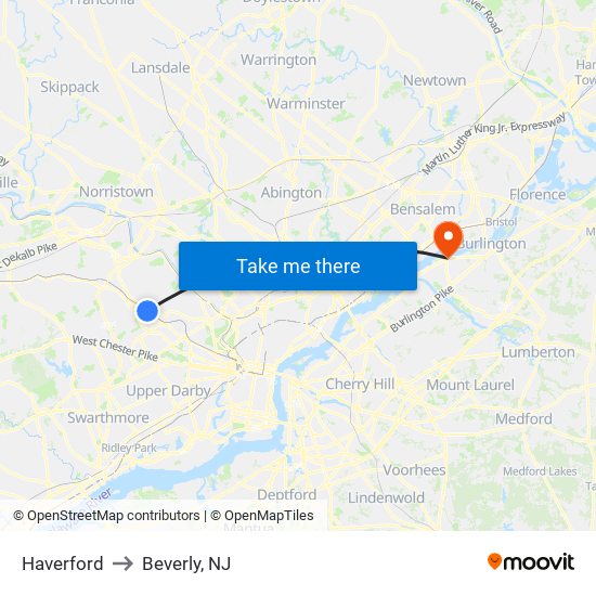 Haverford to Beverly, NJ map