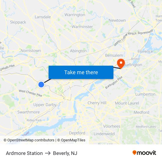 Ardmore Station to Beverly, NJ map