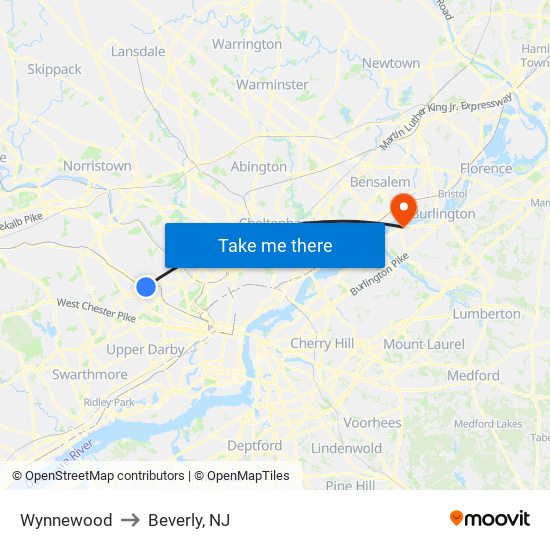 Wynnewood to Beverly, NJ map
