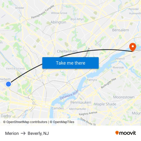 Merion to Beverly, NJ map