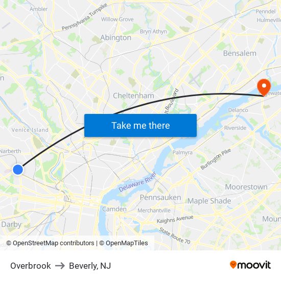 Overbrook to Beverly, NJ map