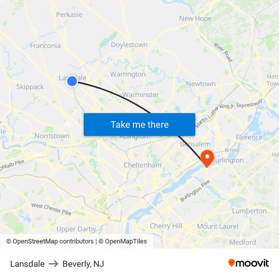 Lansdale to Beverly, NJ map