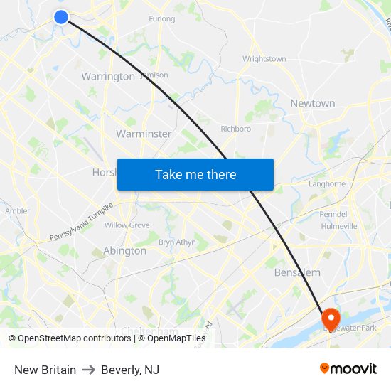 New Britain to Beverly, NJ map