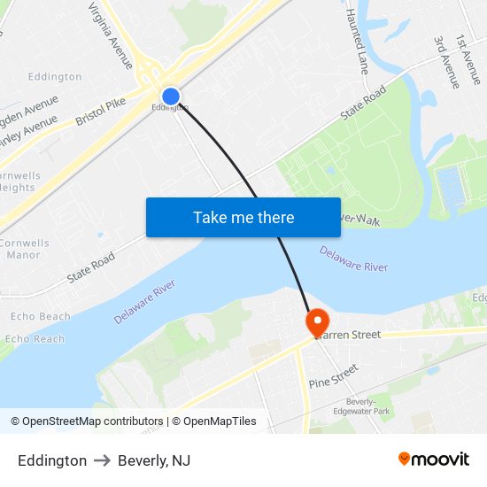 Eddington to Beverly, NJ map