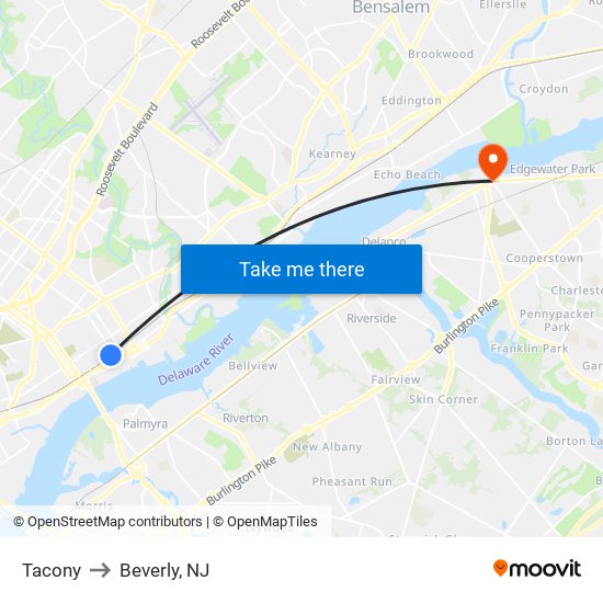 Tacony to Beverly, NJ map