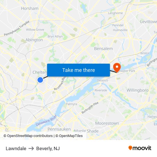 Lawndale to Beverly, NJ map