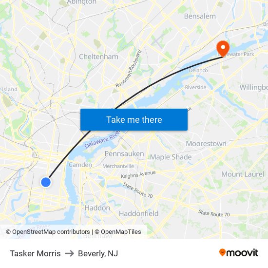 Tasker Morris to Beverly, NJ map