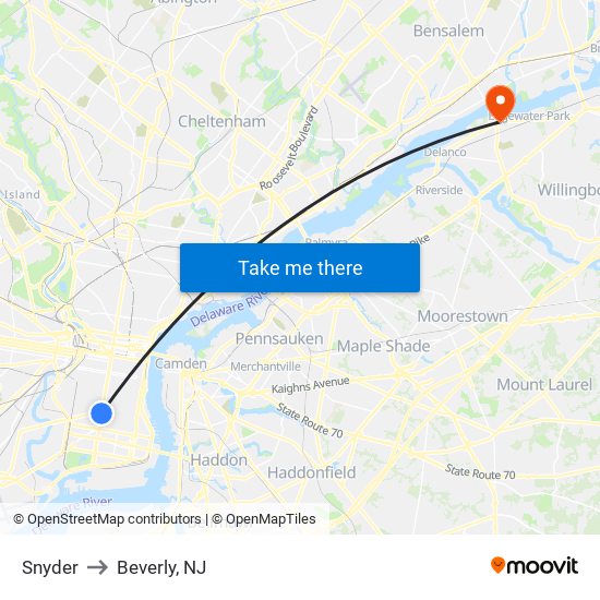 Snyder to Beverly, NJ map
