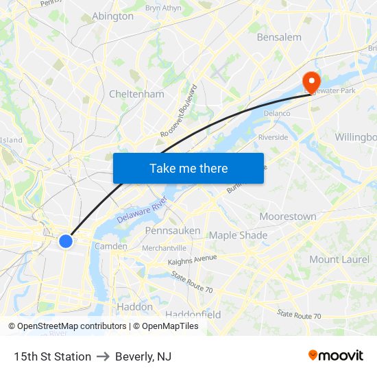 15th St Station to Beverly, NJ map
