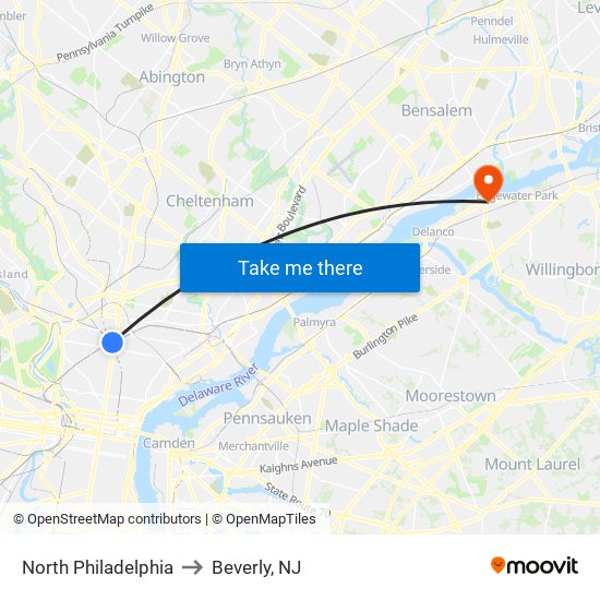North Philadelphia to Beverly, NJ map