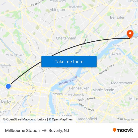 Millbourne Station to Beverly, NJ map