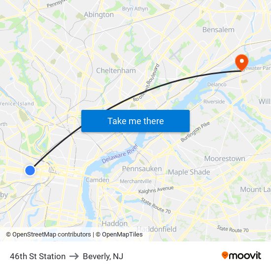 46th St Station to Beverly, NJ map