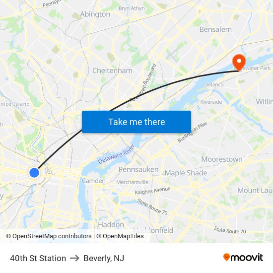 40th St Station to Beverly, NJ map